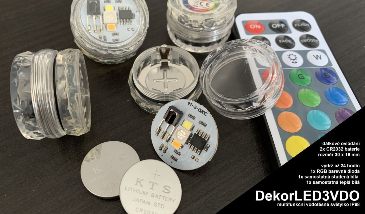 RGBW vícebarevné vodotěsné ponorné LED světlo do vody DekorLED3VDO s dálkovým ovladačem
