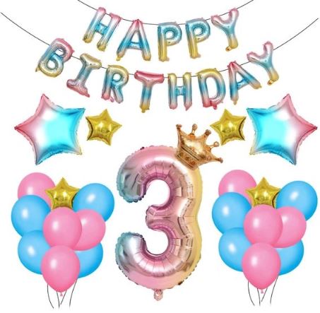 Sada balónky 3. rok narozeniny Rainbow s korunkou 66 kusů Happy Birthday