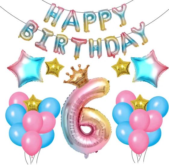 Sada balónky 6. rok narozeniny Rainbow s korunkou 66 kusů Happy Birthday