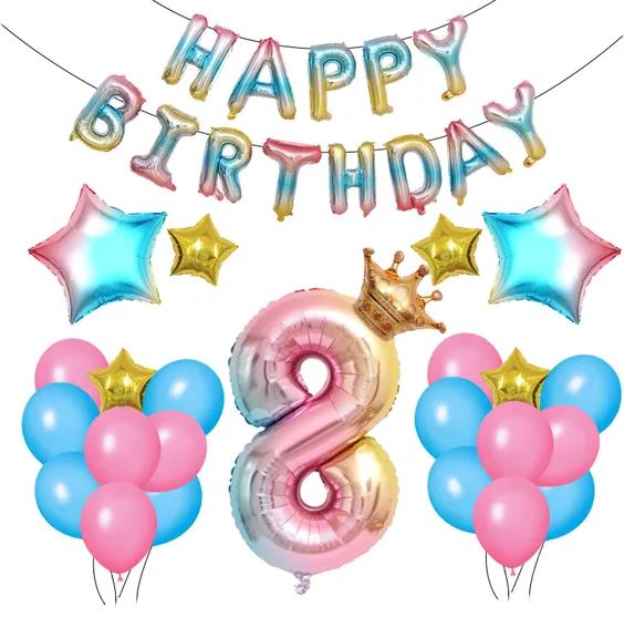 Sada balónky 8. rok narozeniny Rainbow s korunkou 66 kusů Happy Birthday