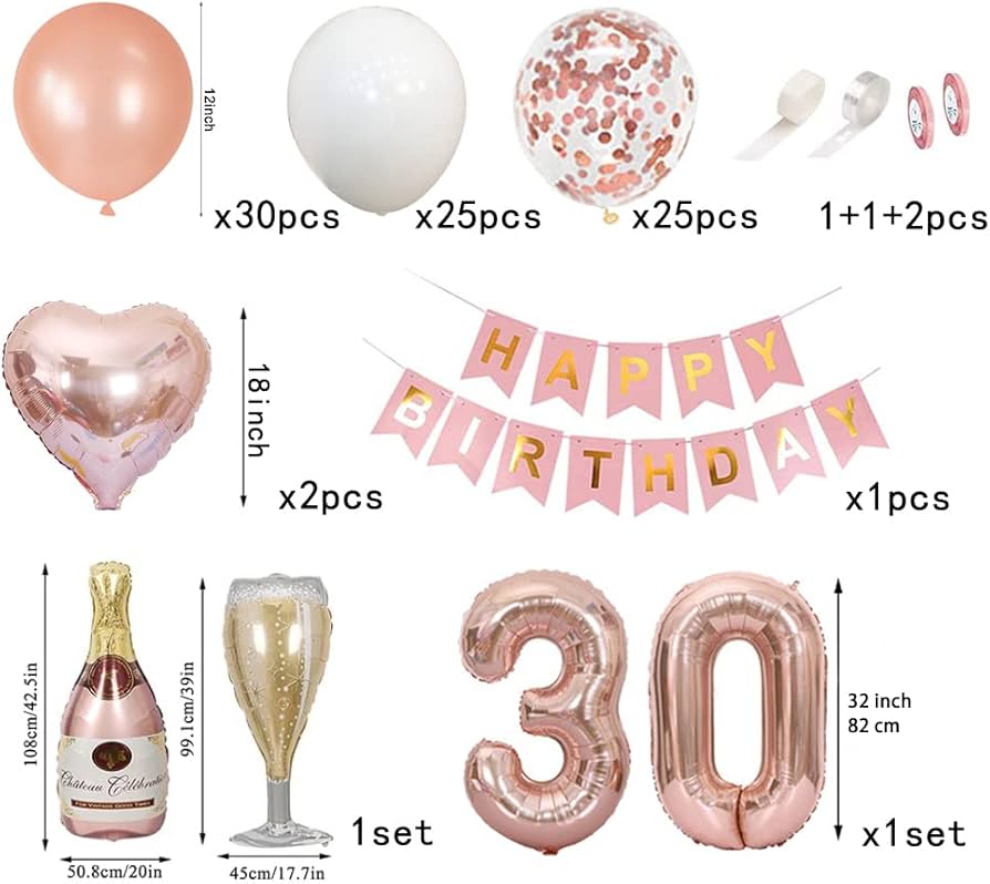 Sada balónků 30. narozeniny 91 kusů růžová zlatá banner Happy Birthday (1013)