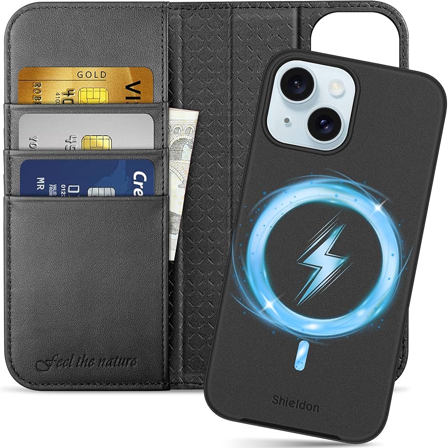 SHIELDON Kožené pouzdro iPhone 15 2v1, RFID, stojan, karty OK0210