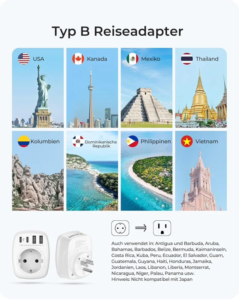 Cestovní adaptér LENCENT do USA, Kanady a Mexika 5v1 OK1033