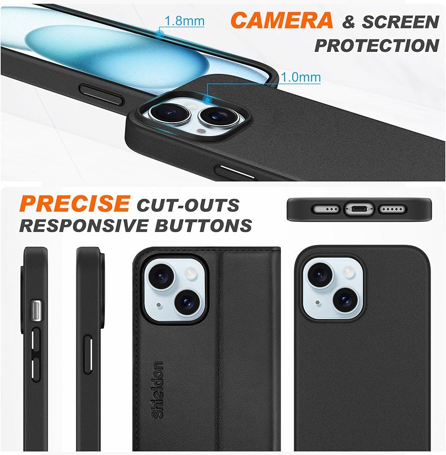 SHIELDON Kožené pouzdro iPhone 15 2v1, RFID, stojan, karty OK0210