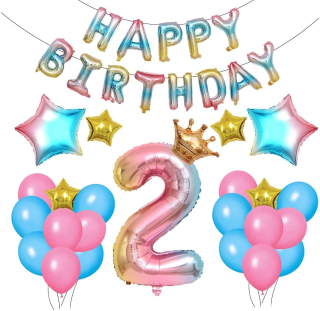 Sada balónky 2. rok narozeniny Rainbow s korunkou 66 kusů Happy Birthday