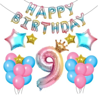 Sada balónky 9. rok narozeniny Rainbow s korunkou 66 kusů Happy Birthday